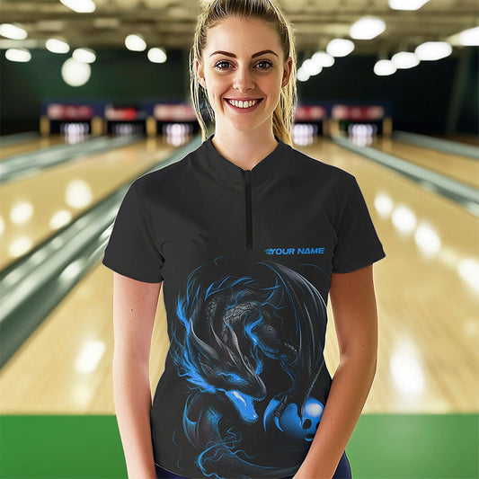Custom Black And Blue Dragon Bowling Womens Quarter-Zip Shirts, Dragon Bowling Team Shirt IPHW8419