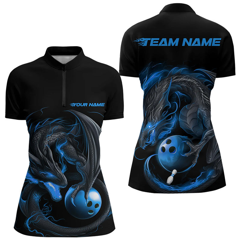 Custom Black And Blue Dragon Bowling Womens Quarter-Zip Shirts, Dragon Bowling Team Shirt IPHW8419