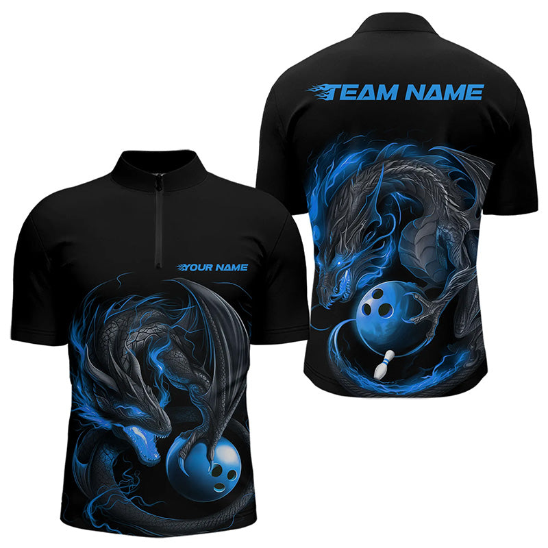 Custom Black And Blue Dragon Bowling Quarter-Zip Shirts For Men, Bowling Tournament Team Shirt IPHW8419