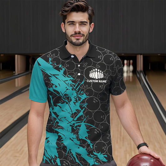 Black And Blue Custom Bowling Tournament Polo Shirts For Men, Bowling Pattern Team Jerseys IPHW8420