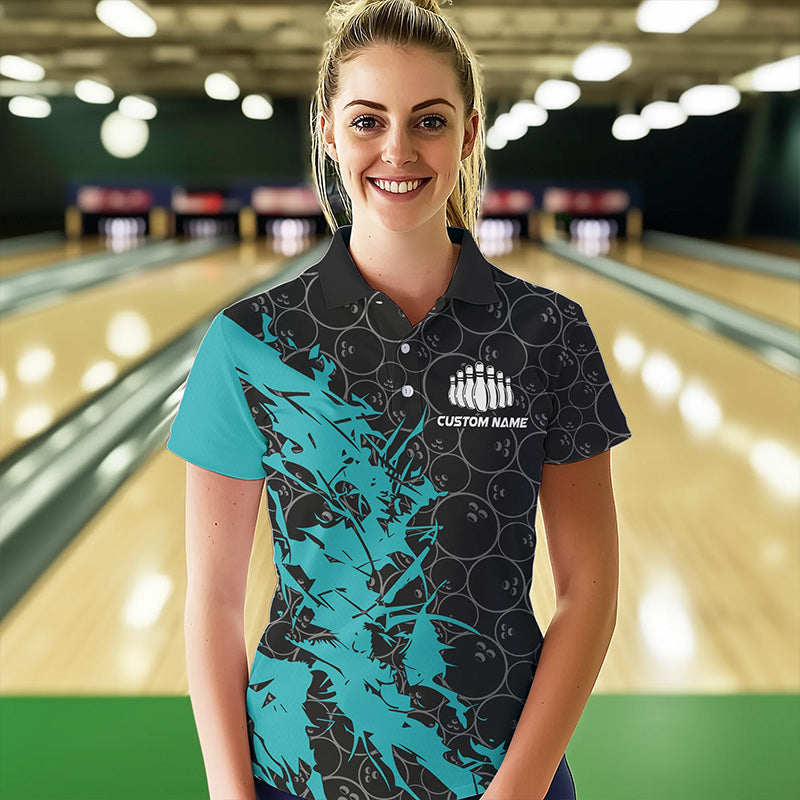 Black And Blue Custom Bowling Tournament Polo Shirts For Women, Bowling Pattern Team Jerseys IPHW8420