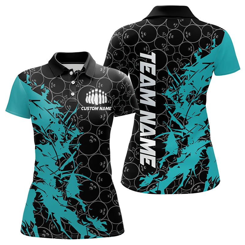 Black And Blue Custom Bowling Tournament Polo Shirts For Women, Bowling Pattern Team Jerseys IPHW8420