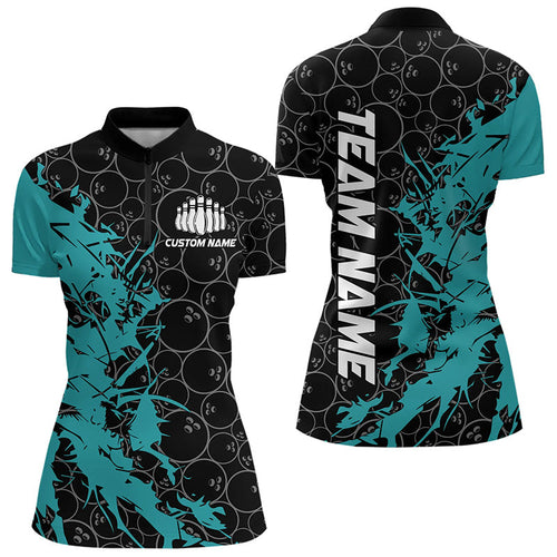 Black And Blue Custom Bowling Tournament Womens Quarter-Zip Shirts, Bowling Team Jerseys IPHW8420