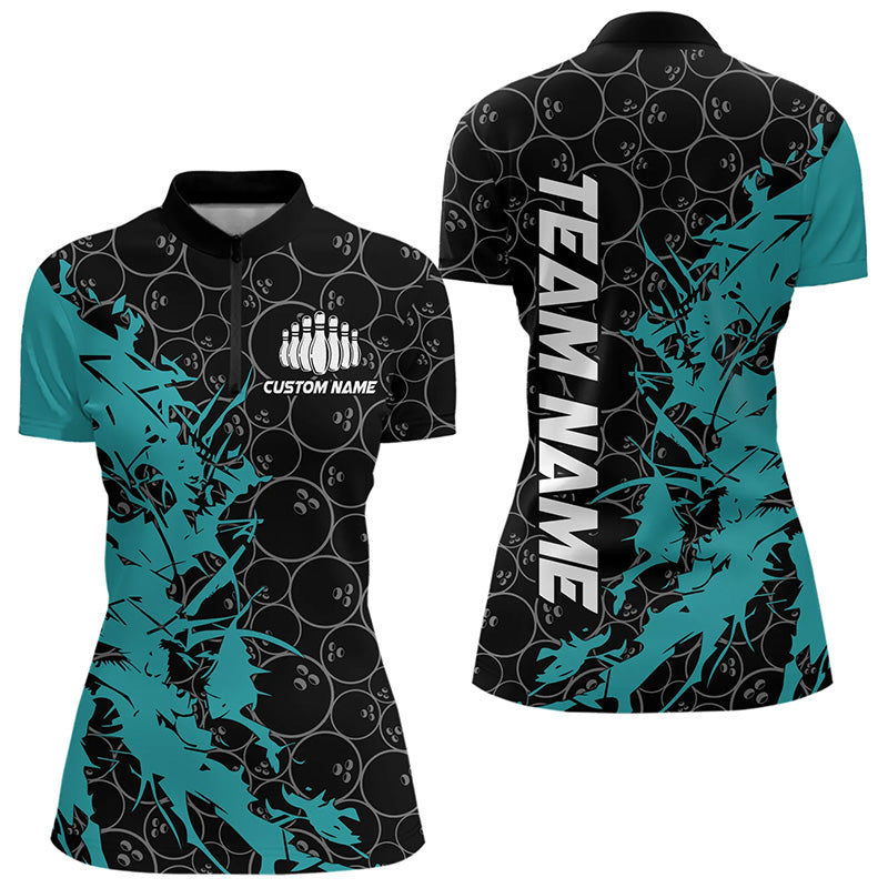 Black And Blue Custom Bowling Tournament Womens Quarter-Zip Shirts, Bowling Team Jerseys IPHW8420