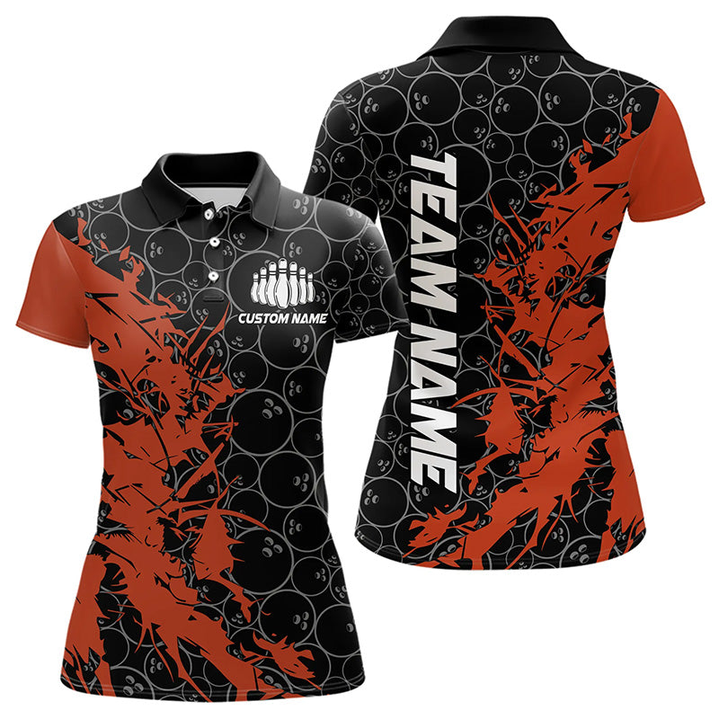 Black And Orange Custom Bowling Tournament Polo Shirts For Women, Bowling Team Jerseys IPHW8421