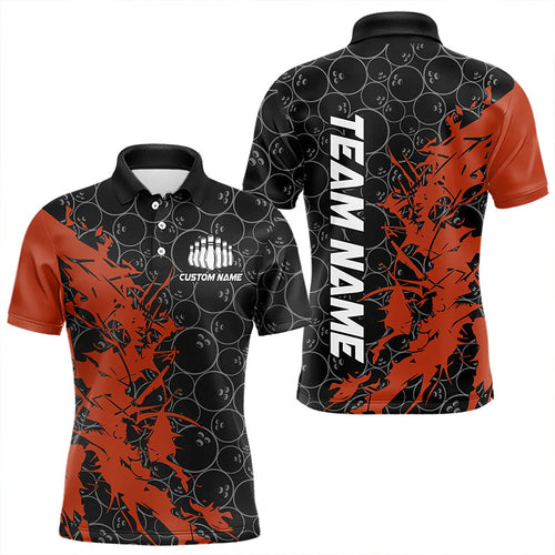 Black And Orange Custom Bowling Tournament Polo Shirts For Men, Bowling Pattern Team Jerseys IPHW8421