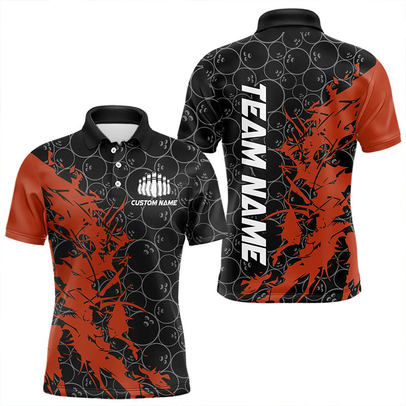 Black And Orange Custom Bowling Tournament Polo Shirts For Men, Bowling Pattern Team Jerseys IPHW8421