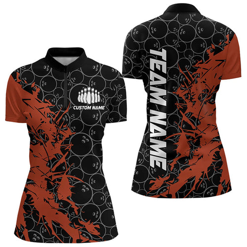 Black And Orange Custom Bowling Tournament Womens Quarter-Zip Shirts, Bowling Team Jerseys IPHW8421