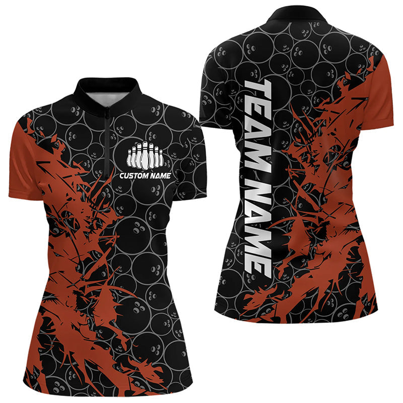 Black And Orange Custom Bowling Tournament Womens Quarter-Zip Shirts, Bowling Team Jerseys IPHW8421