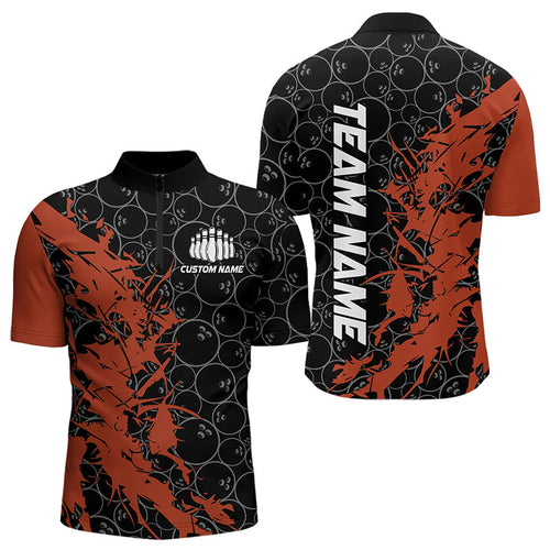 Black And Orange Custom Bowling Tournament Quarter-Zip Shirts For Men, Bowling Pattern Team Jerseys IPHW8421