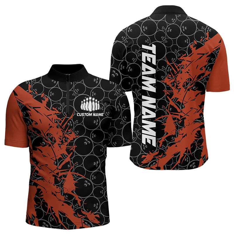 Black And Orange Custom Bowling Tournament Quarter-Zip Shirts For Men, Bowling Pattern Team Jerseys IPHW8421
