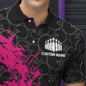 Black And Pink Custom Bowling Tournament Polo Shirts For Men, Bowling Pattern Team Jerseys IPHW8422