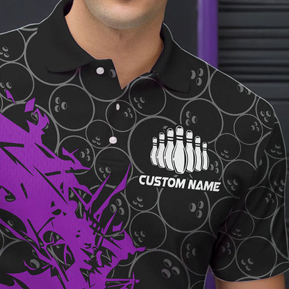 Black And Purple Custom Bowling Tournament Polo Shirts For Men, Bowling Pattern Team Jerseys IPHW8423