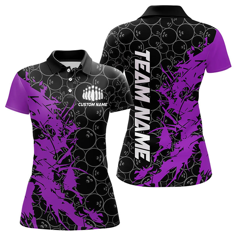 Black And Purple Custom Bowling Tournament Polo Shirts For Women, Bowling Team Jerseys IPHW8423