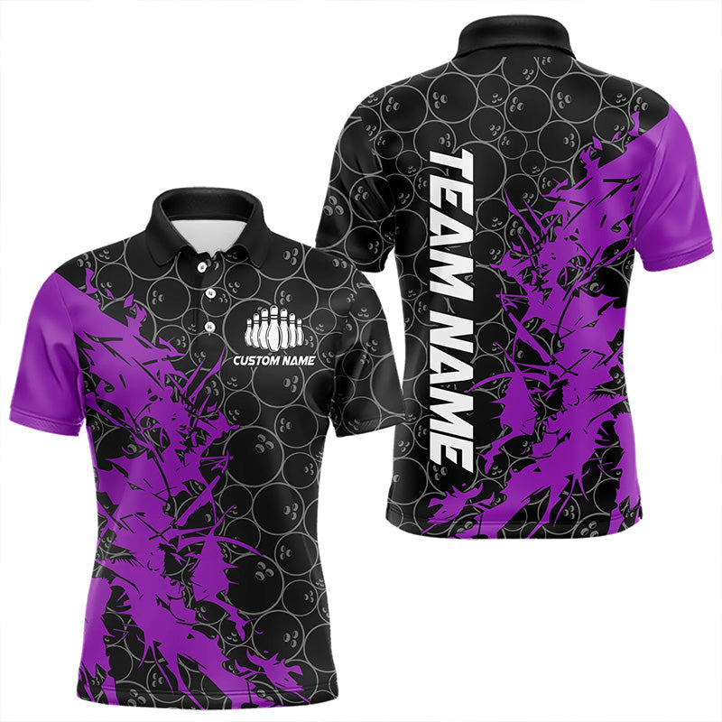 Black And Purple Custom Bowling Tournament Polo Shirts For Men, Bowling Pattern Team Jerseys IPHW8423