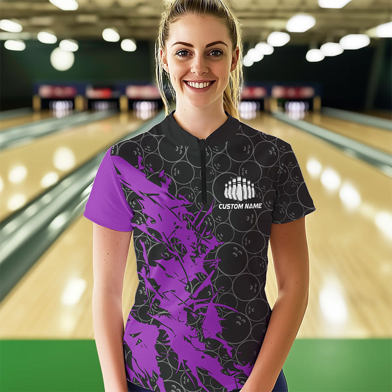 Black And Purple Custom Bowling Tournament Womens Quarter-Zip Shirts, Bowling Team Jerseys IPHW8423