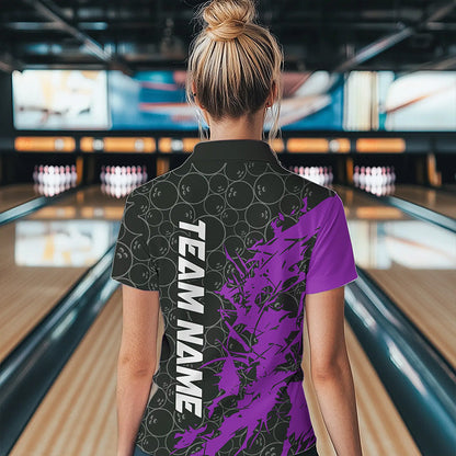 Black And Purple Custom Bowling Tournament Womens Quarter-Zip Shirts, Bowling Team Jerseys IPHW8423