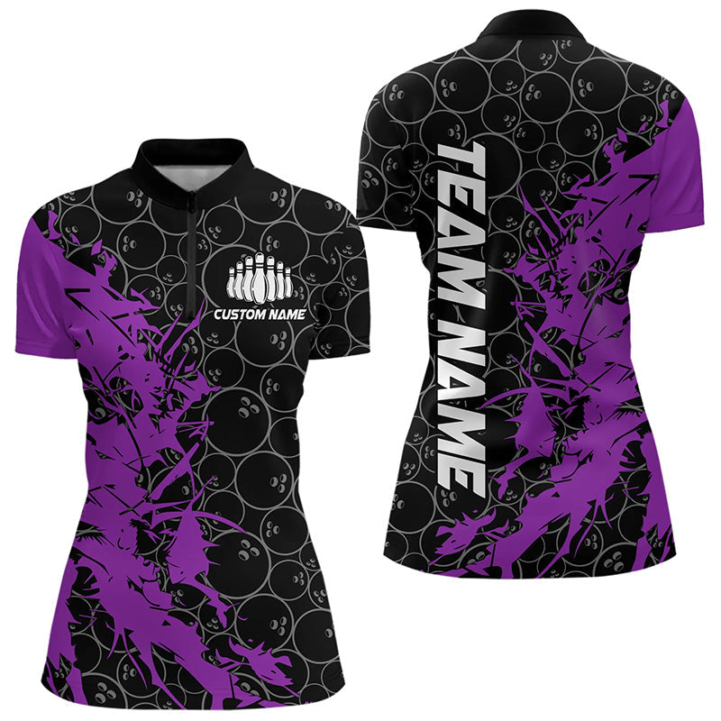 Black And Purple Custom Bowling Tournament Womens Quarter-Zip Shirts, Bowling Team Jerseys IPHW8423