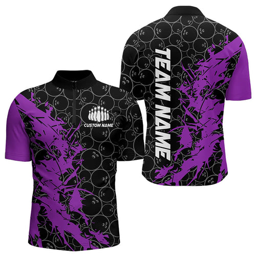 Black And Purple Custom Bowling Tournament Quarter-Zip Shirts For Men, Bowling Pattern Team Jerseys IPHW8423
