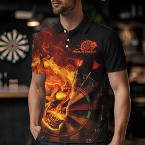 Custom Black And Orange Flame Skull Dart Polo Shirts For Men, Fire Dart Bowling Team Shirts IPHW8431