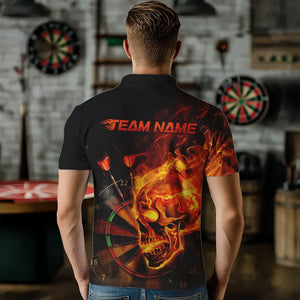 Custom Black And Orange Flame Skull Dart Polo Shirts For Men, Fire Dart Bowling Team Shirts IPHW8431