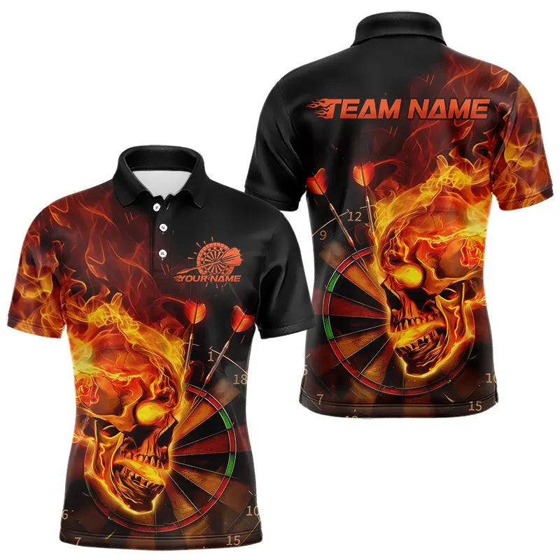 Custom Black And Orange Flame Skull Dart Polo Shirts For Men, Fire Dart Bowling Team Shirts IPHW8431