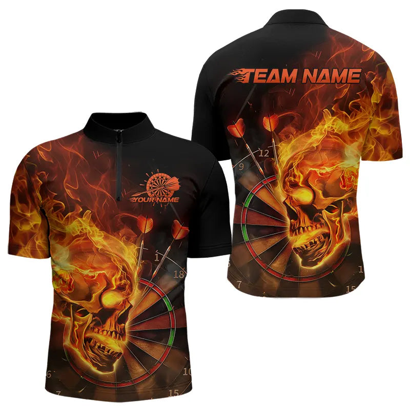 Custom Black And Orange Flame Skull Dart Quarter-Zip Shirts For Men, Fire Dart Bowling Team Shirts IPHW8431