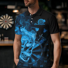 Load image into Gallery viewer, Custom Black And Blue Flame Skull Dart Polo Shirts For Men, Fire Dart Bowling Team Shirts IPHW8432