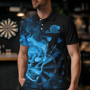 Custom Black And Blue Flame Skull Dart Polo Shirts For Men, Fire Dart Bowling Team Shirts IPHW8432