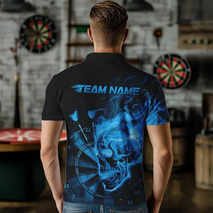 Custom Black And Blue Flame Skull Dart Polo Shirts For Men, Fire Dart Bowling Team Shirts IPHW8432