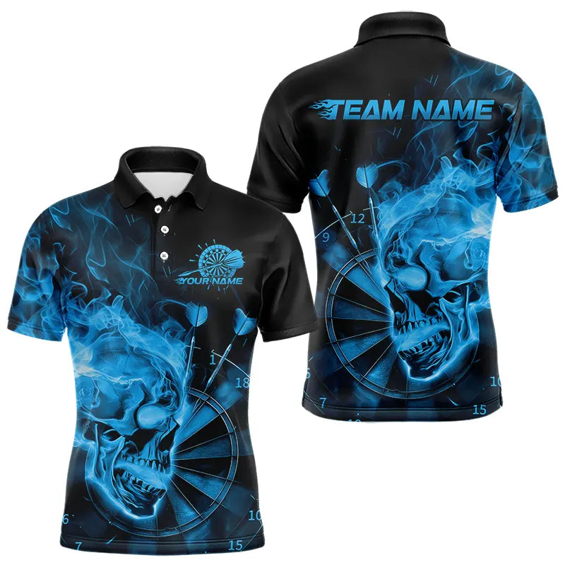 Custom Black And Blue Flame Skull Dart Polo Shirts For Men, Fire Dart Bowling Team Shirts IPHW8432