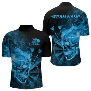 Custom Black And Blue Flame Skull Dart Quarter-Zip Shirts For Men, Fire Dart Bowling Team Shirts IPHW8432