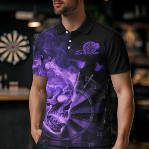 Custom Black And Purple Flame Skull Dart Polo Shirts For Men, Fire Dart Bowling Team Shirts IPHW8433