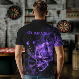 Custom Black And Purple Flame Skull Dart Polo Shirts For Men, Fire Dart Bowling Team Shirts IPHW8433