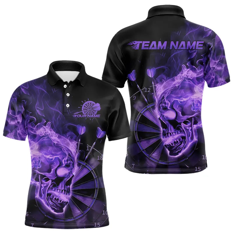 Custom Black And Purple Flame Skull Dart Polo Shirts For Men, Fire Dart Team Shirts IPHW8433
