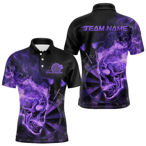 Custom Black And Purple Flame Skull Dart Polo Shirts For Men, Fire Dart Bowling Team Shirts IPHW8433