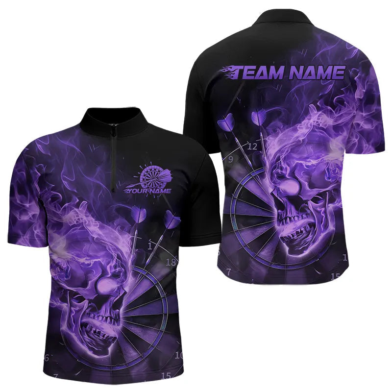 Custom Black And Purple Flame Skull Dart Quarter-Zip Shirts For Men, Fire Dart Bowling Team Shirts IPHW8433