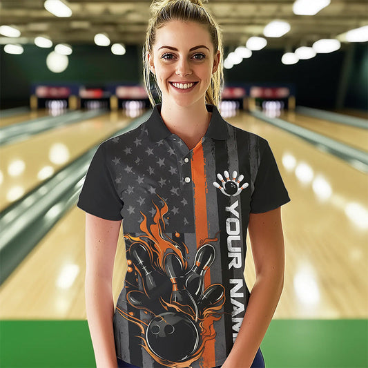 Orange Line American Flag Custom Patriotic Flame Women Bowling Polo Shirt, US Bowling Shirt IPHW8635