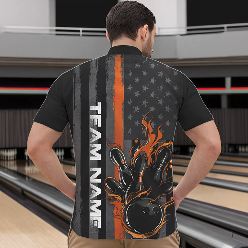 Orange Line American Flag Custom Patriotic Flame Bowling Quarter-Zip Shirt For Men, US Bowling Shirt IPHW8635