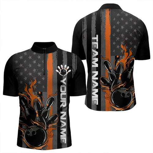Orange Line American Flag Custom Patriotic Flame Bowling Quarter-Zip Shirt For Men, US Bowling Shirt IPHW8635