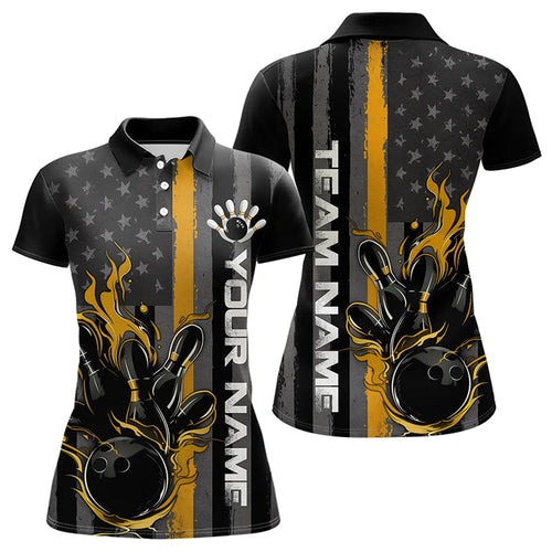 Yellow Line American Flag Custom Patriotic Flame Women Bowling Polo Shirt, US Bowling Shirt IPHW8636