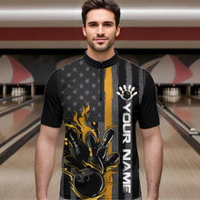 Load image into Gallery viewer, Yellow Line American Flag Custom Patriotic Flame Bowling Quarter-Zip Shirt For Men, US Bowling Shirt IPHW8636