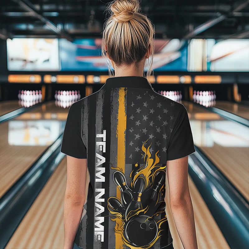 Yellow Line American Flag Custom Patriotic US Flame Bowling Womens Quarter-Zip Shirts IPHW8636
