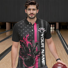 Load image into Gallery viewer, Pink Line American Flag Custom Patriotic Flame Bowling Polo Shirts For Men, US Bowling Shirt IPHW8637