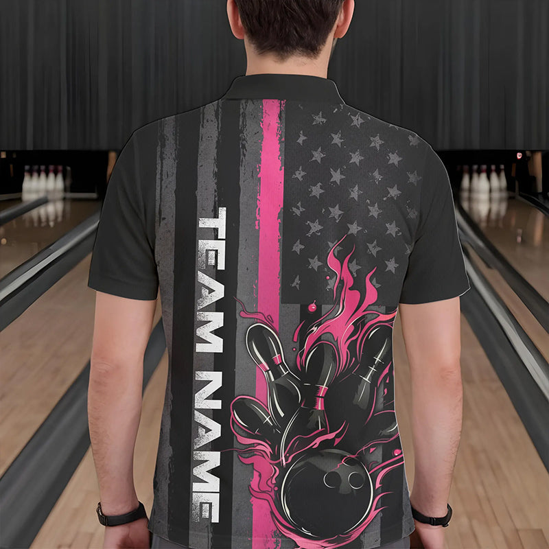 Pink Line American Flag Custom Patriotic Flame Bowling Polo Shirts For Men, US Bowling Shirt IPHW8637