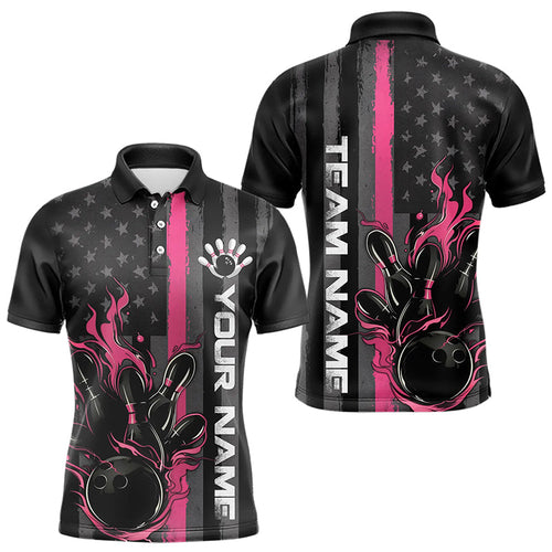 Pink Line American Flag Custom Patriotic Flame Bowling Polo Shirts For Men, US Bowling Shirt IPHW8637