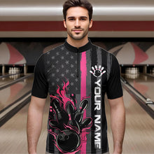 Load image into Gallery viewer, Pink Line American Flag Custom Patriotic Flame Bowling Quarter-Zip Shirts For Men, US Bowling Shirt IPHW8637