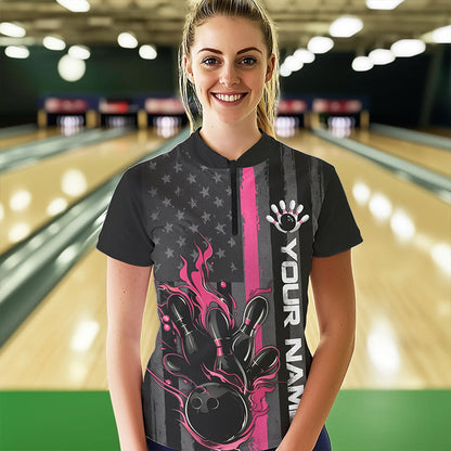 Pink Line American Flag Custom Patriotic US Flame Bowling Womens Quarter-Zip Shirts IPHW8637