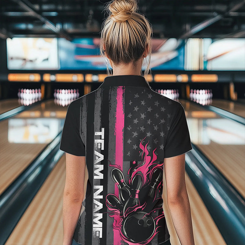Pink Line American Flag Custom Patriotic US Flame Bowling Womens Quarter-Zip Shirts IPHW8637