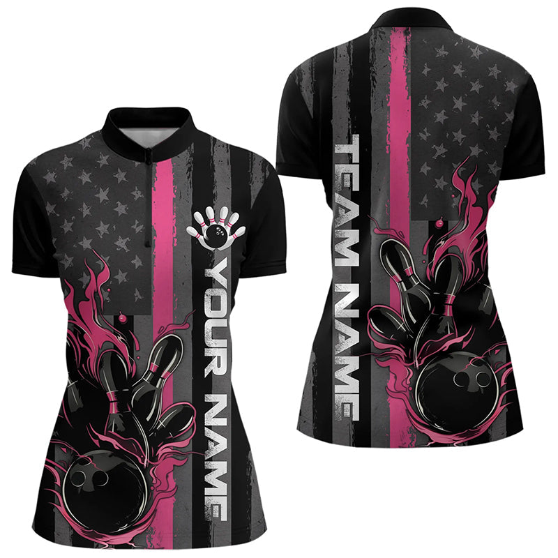 Pink Line American Flag Custom Patriotic US Flame Bowling Womens Quarter-Zip Shirts IPHW8637